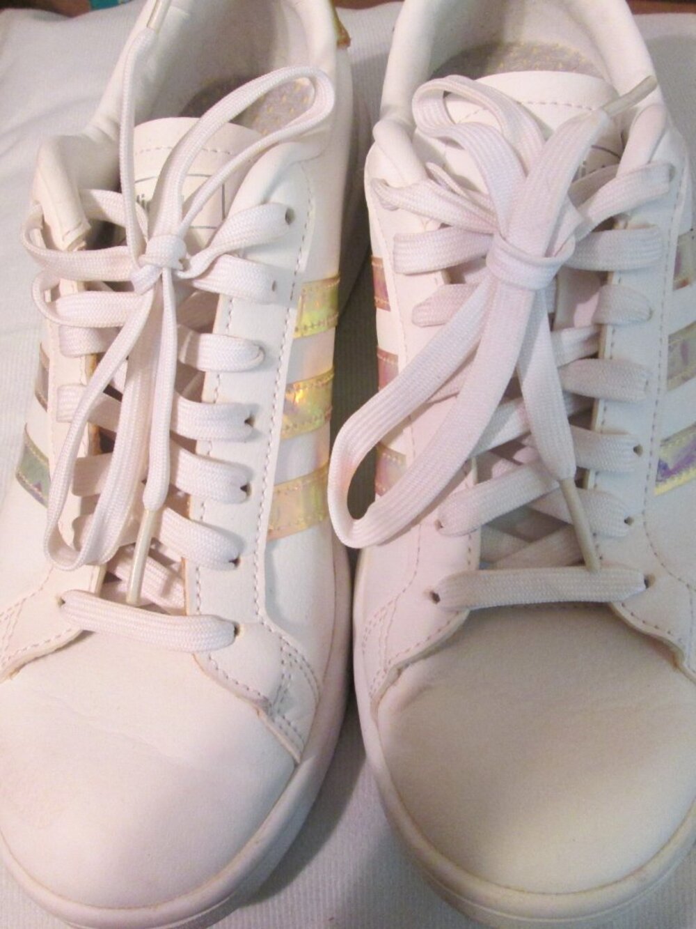 Adidas Women's White Leather Sneakers with Iridescent stripes Size 6.5